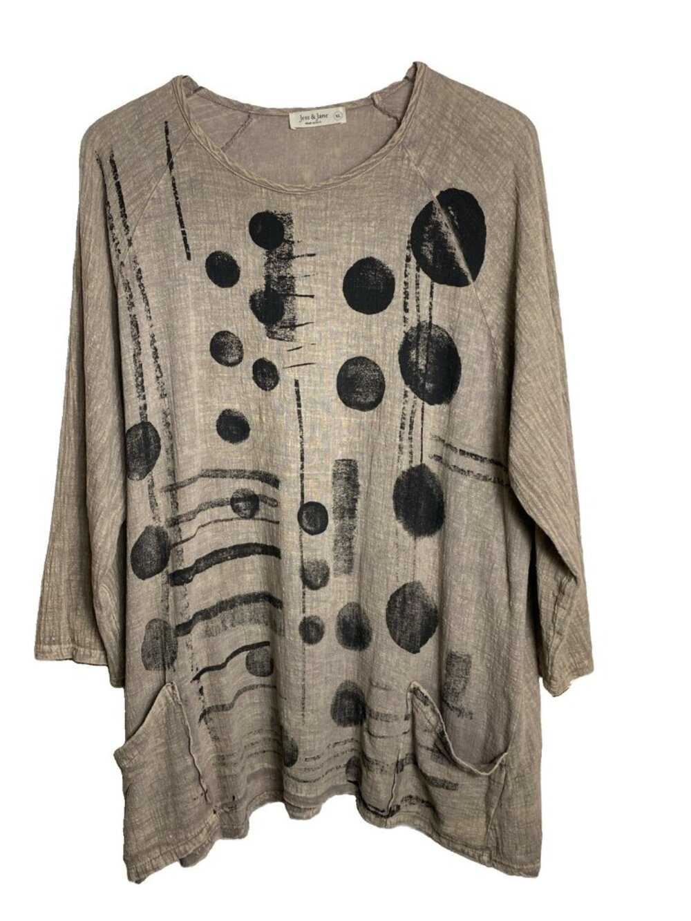 Jess & Jane Size XL Tan & Black Geometric Gauzy Tunic Top Long Sleeves Pockets